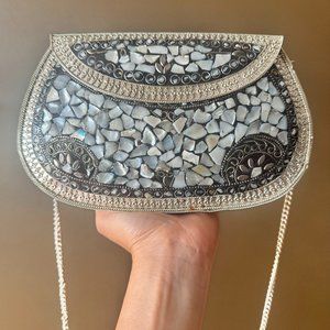 COPY - Vintage-Inspired Mosaic Mother-of-Pearl Designer Clutch with Silver Chain